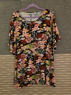Avenue Black Floral Scoop Neck Tunic with Pink & Green Accents